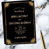 ブラック金ゴールドシンプルアールデコヴィンテージ結婚フローラ 招待状