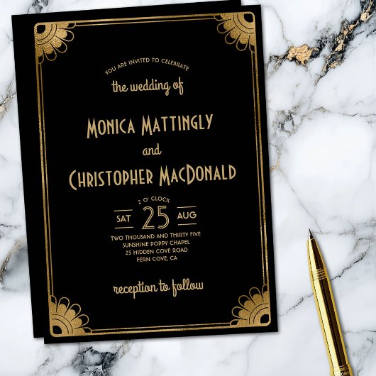 ブラック金ゴールドシンプルアールデコヴィンテージ結婚フローラ 招待状