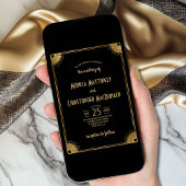 ブラック金ゴールドシンプルアールデコヴィンテージ結婚フローラ 招待状