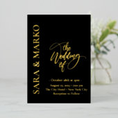 ブラック金ゴールドシンプル名結婚の 箔招待状 (立ち正面)