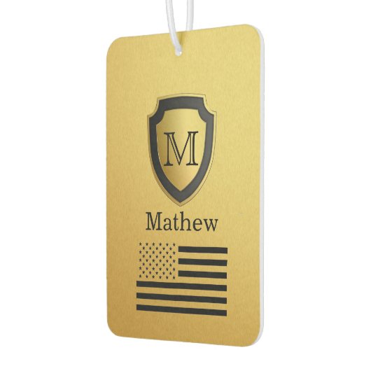 ブラック金ゴールドシールドUSA国旗のモノグラム名マンリー カーエアーフレッシュナー (左)