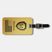 ブラック金ゴールドシールドUSA国旗のモノグラム名マンリー ラゲッジタグ (正面横)