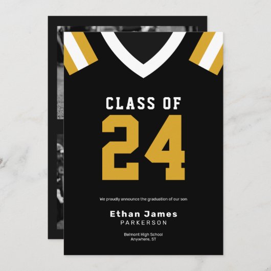 ブラック金ゴールドジャージーサッカー卒業発表 案内状 (正面/裏面)