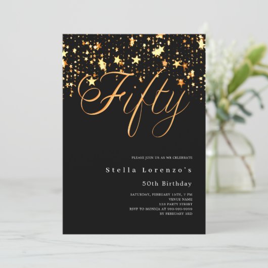 ブラック金ゴールドスエレガントタース50歳の誕生日 招待状 (スタンド正面)