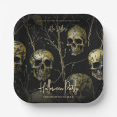 ブラック金ゴールドスカルモダン大人ハローウィンパーティ ペーパープレート (正面)