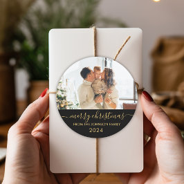 ブラック金ゴールドスクリプトファミリーフォトメリークリスマス ラウンドシール