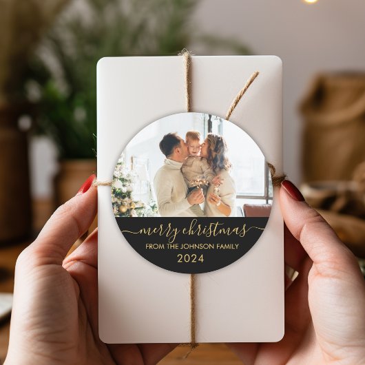 ブラック金ゴールドスクリプトファミリーフォトメリークリスマス ラウンドシール