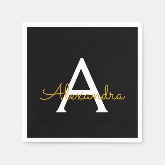 ブラック金ゴールドスクリプトモノグラム名モダン スタンダードカクテルナプキン (正面)
