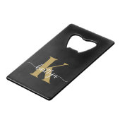 ブラック金ゴールドスクリプトモノグラム クレジットカード栓抜き (正面アングル)