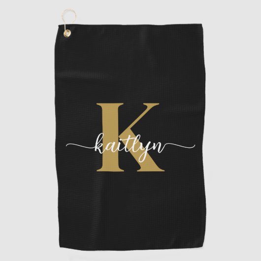 ブラック金ゴールドスクリプトモノグラム ゴルフタオル (正面)
