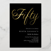 ブラック金ゴールドスクリプトラグジュアリー50歳の誕生日 箔招待状 (正面)