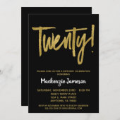 ブラック金ゴールドスクリプト20th Birthday Party Invitation 招待状 (正面/裏面)