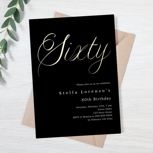 ブラック金ゴールドスクリプトluxury 60th birthday 箔招待状