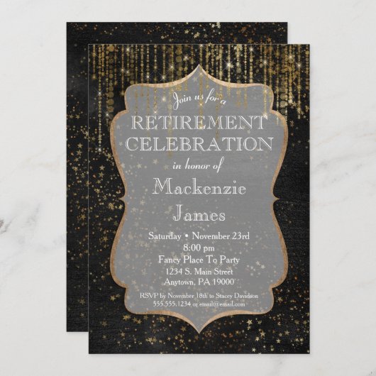 ブラック金ゴールドスターきらきら光るリタイアメントパーティの招待状 招待状 (正面/裏面)