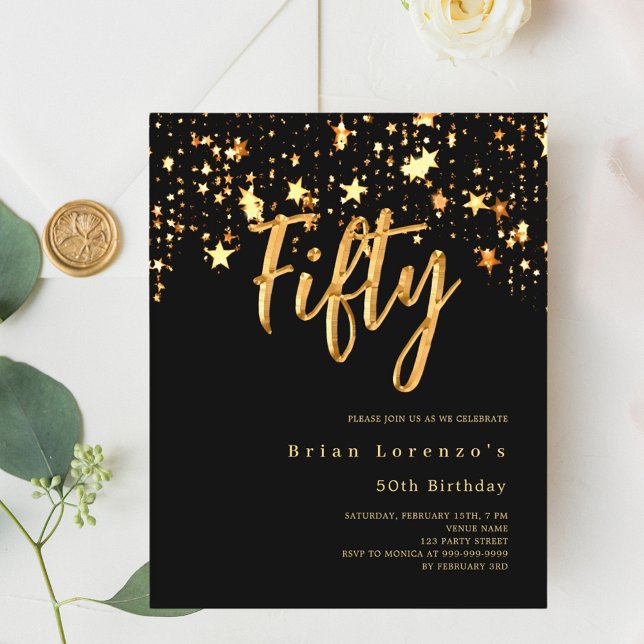 ブラック金ゴールドスターの脚本50th誕生日の招待状 (クリエイターアップロード済み)