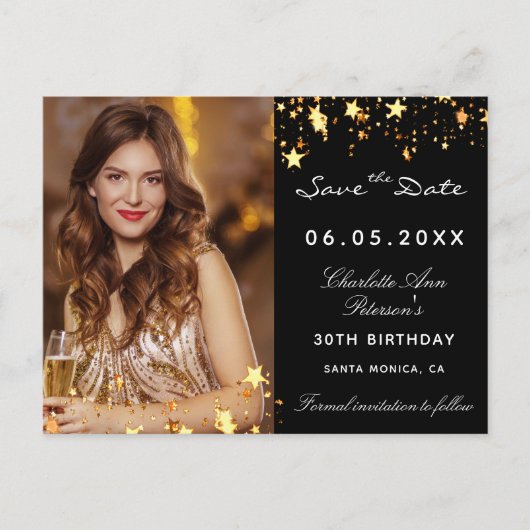 ブラック金ゴールドスターの誕生日パーティーは日付を保存 案内ポストカード (正面)