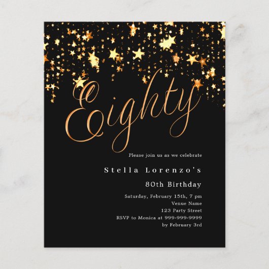 ブラック金ゴールドスターは80th誕生日の招待状を予算 (正面)