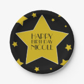 ブラック金ゴールドスターズハリウッド誕生日名 ペーパープレート (正面)