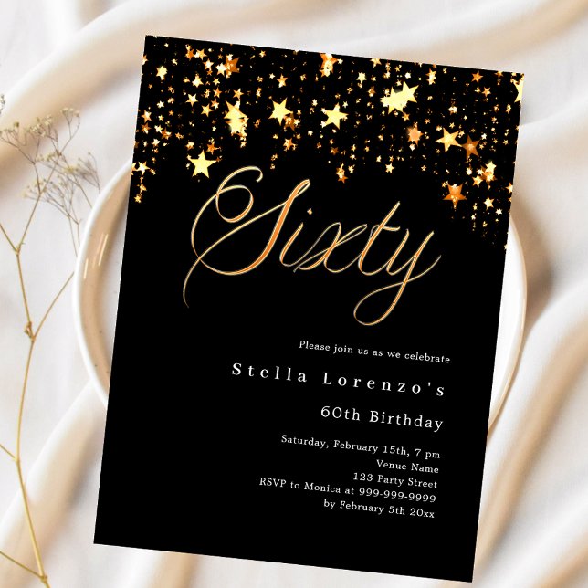 ブラック金ゴールドスターズバジェット60th誕生日の招待状 (クリエイターアップロード済み)