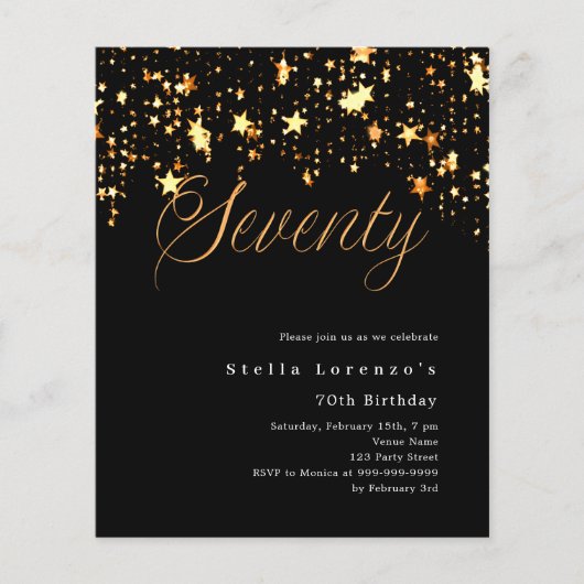 ブラック金ゴールドスターズバジェット70th誕生日の招待状 (正面)