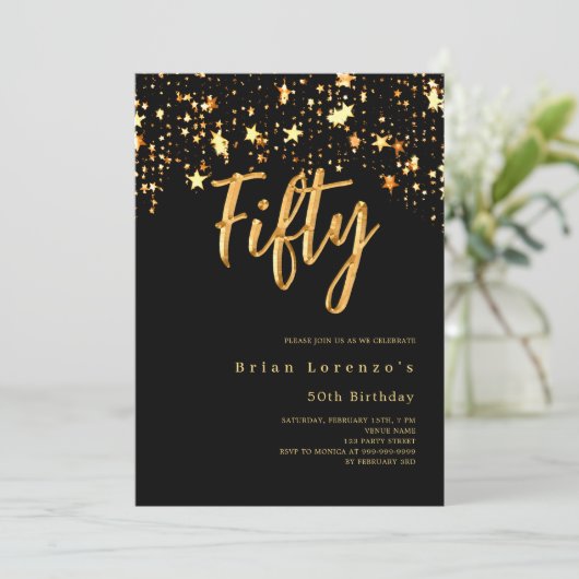 ブラック金ゴールドスタータイポグラフィ50歳の誕生日 招待状 (スタンド正面)