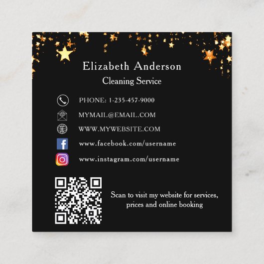 ブラック金ゴールドスターQRコードソーシャルメディアのロゴ スクエア名刺 (裏面)