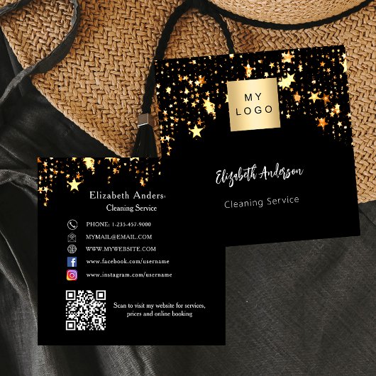 ブラック金ゴールドスターQRコードソーシャルメディアのロゴ スクエア名刺