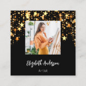 ブラック金ゴールドスターQRコードソーシャルメディア写真 スクエア名刺 (正面)