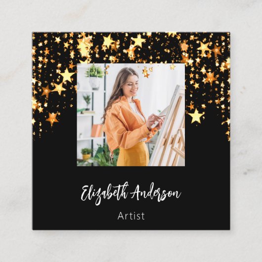 ブラック金ゴールドスターQRコードソーシャルメディア写真 スクエア名刺 (正面)