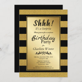 ブラック金ゴールドストライプのサプライズ誕生日パーティー 招待状