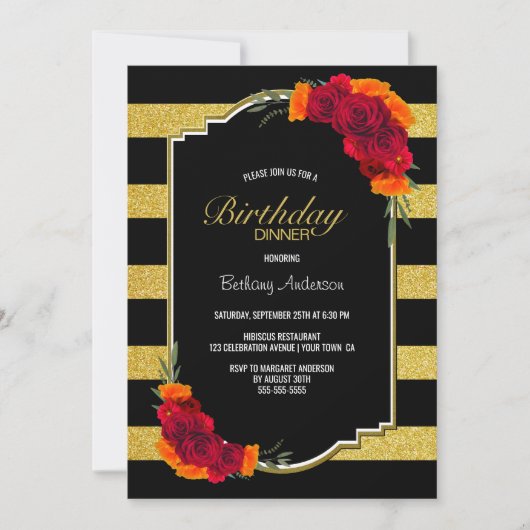 ブラック金ゴールドストライプのフローラ誕生日ディナー 招待状 (正面)