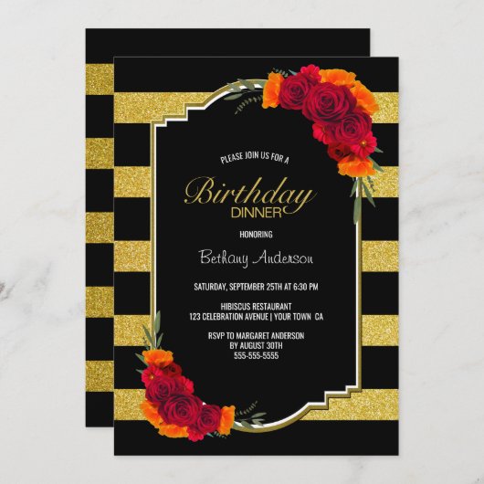 ブラック金ゴールドストライプのフローラ誕生日ディナー 招待状 (正面/裏面)