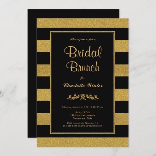 ブラック金ゴールドストライプのブライダルブランチ 招待状 (正面/裏面)