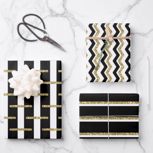 ブラック金ゴールドストライプのラッピング紙シートセット3 ラッピングペーパーシート (正面)