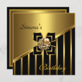 ブラック金ゴールドストライプアールデコ招待状誕生日パーティー3 招待状 (正面/裏面)