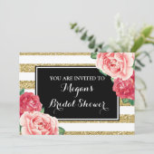 ブラック金ゴールドストライプズピンクフラワーズブライダルシャワー 招待状 (スタンド正面)