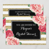 ブラック金ゴールドストライプズピンクフラワーズブライダルシャワー 招待状 (正面/裏面)