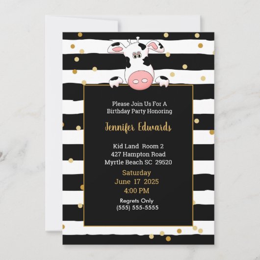 ブラック金ゴールドストライプ牛テーマ子供の誕生日パーティー 招待状 (正面)