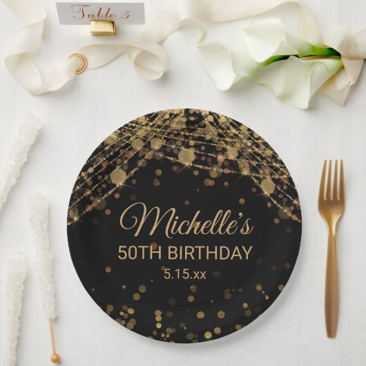 ブラック金ゴールドストリングライトグリッター大人誕生日 ペーパープレート (ウェディング)