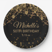 ブラック金ゴールドストリングライトグリッター大人誕生日 ペーパープレート (正面)