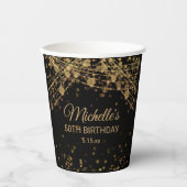ブラック金ゴールドストリングライトグリッター大人誕生日 紙コップ (正面)