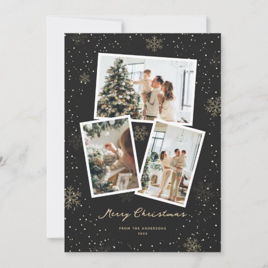 ブラック金ゴールドスノーフレーク写真メリークリスマスカード シーズンカード (正面)