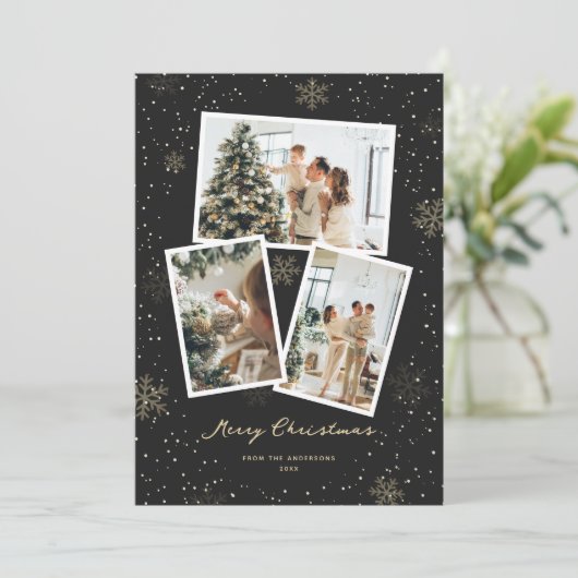 ブラック金ゴールドスノーフレーク写真メリークリスマスカード シーズンカード (スタンド正面)