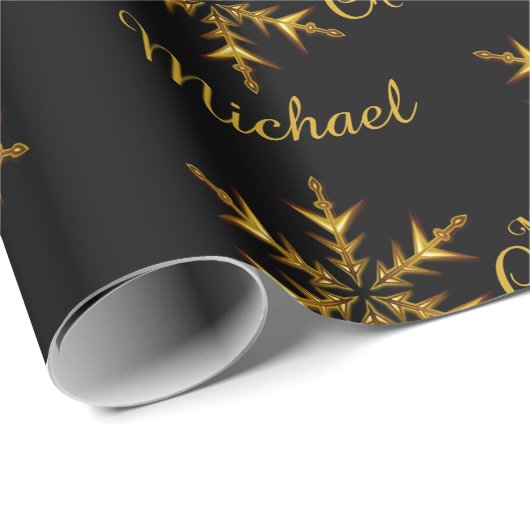 ブラック金ゴールドスノーフレーク名を追加メリークリスマス ラッピングペーパー (ロールコーナー)