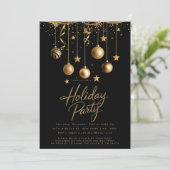 ブラック金ゴールドスパークルオーナメントクリスマスパーティー 招待状 (スタンド正面)