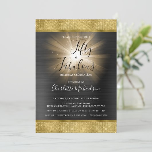 ブラック金ゴールドスパークルグラムフィフティ&ファブラス誕生日 招待状 (スタンド正面)