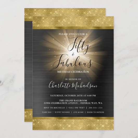 ブラック金ゴールドスパークルグラムフィフティ&ファブラス誕生日 招待状 (正面/裏面)