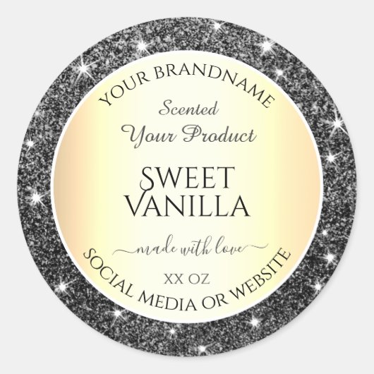 ブラック金ゴールドスパークルシルバーグリッター製品ラベル ラウンドシール (正面)
