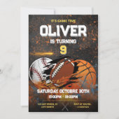 ブラック金ゴールドスポーツボーイズ誕生日 招待状 (正面)