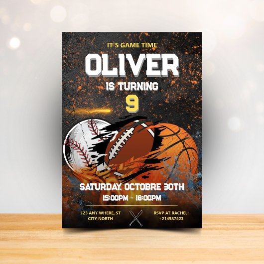 ブラック金ゴールドスポーツボーイズ誕生日 招待状